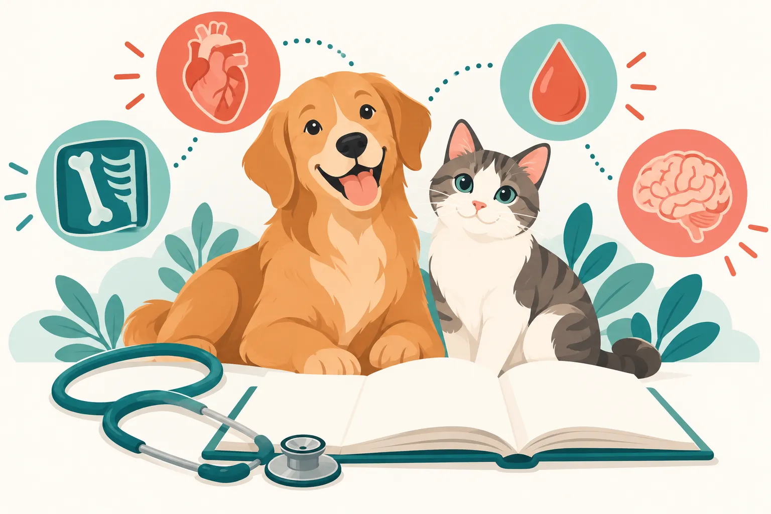 Ilustração de um cão e um gato ao lado de um livro aberto e um estetoscópio, com ícones de coração, raio-X, gota de sangue e cérebro